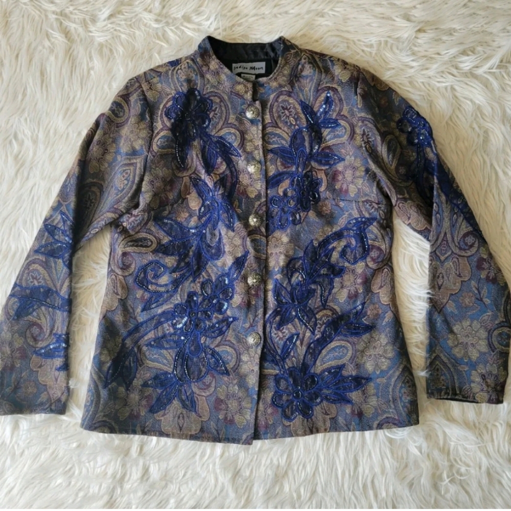 Indigo Moon Jacket Women S Abstract Blue Floral Embroidery Button Beaded Blazer
